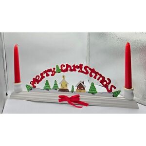 Vintage Merry Christmas Candle Holder Wooden Village Scene Mantle Tabletop Decor
